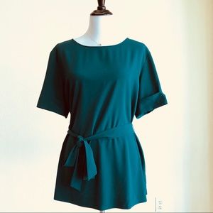 {L} Emerald Green Tunic Tie Blouse